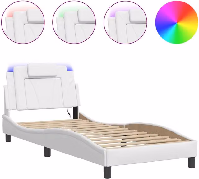 Letto singolo Viana bianco con illuminazione LED sottostante e porta di ricarica USB, dimensioni 90x190 cm