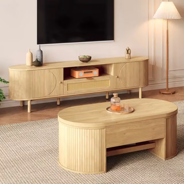 Set mobili soggiorno con tavolino regolabile in altezza e mobile TV in MDF color legno naturale
