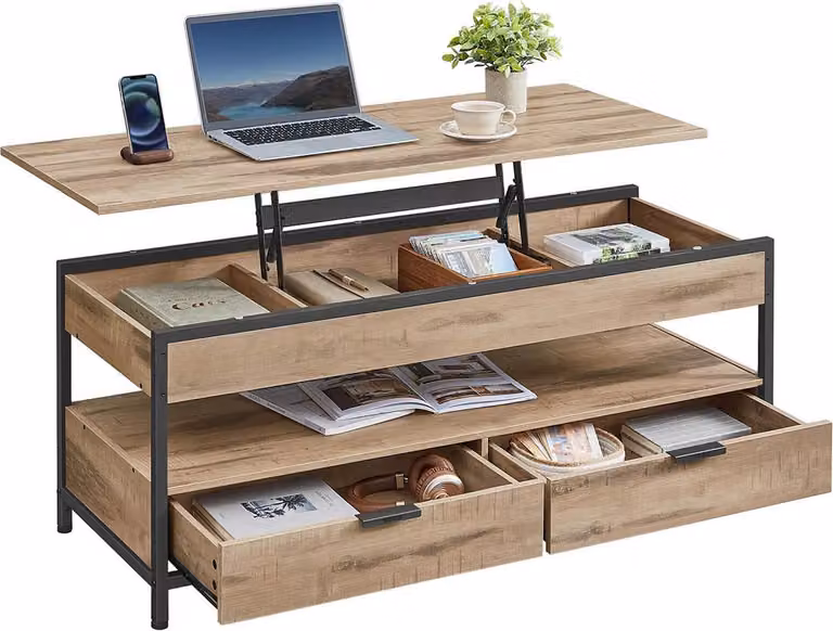 Tavolino con cassetti – Pannello truciolare/acciaio – 50 x 120 cm – altezza regolabile da 48 a 63 cm
