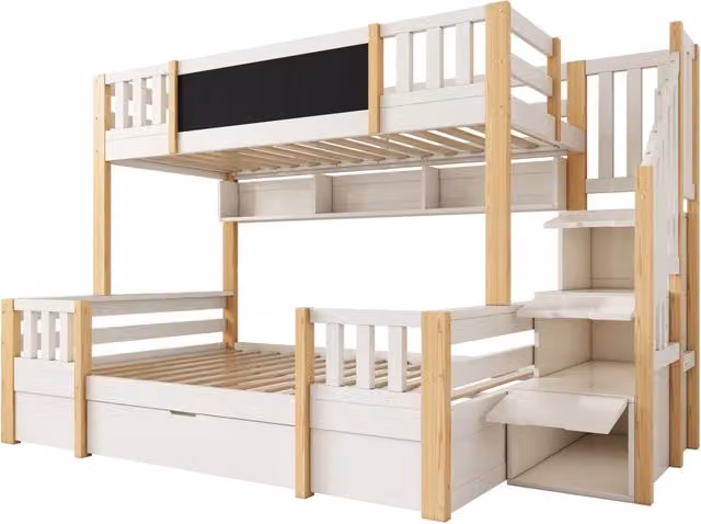 Letto A Castello in Legno Massiccio per 3 Bambini 90x200 & 140x200 con Lavagna, Scala Contenitore e Cassetti, Bianco e Naturale