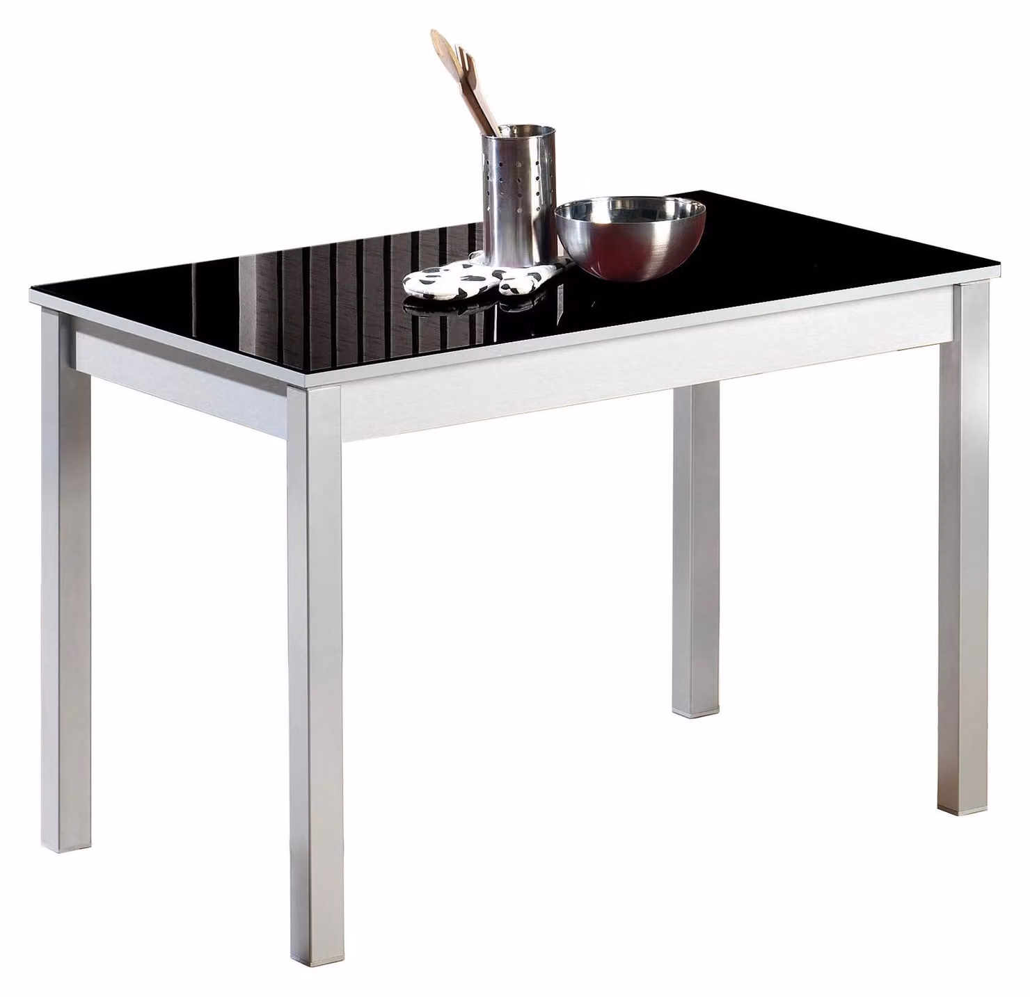 Tavolo da pranzo, dimensioni 90x50 cm, nero, piano in vetro, struttura in metallo