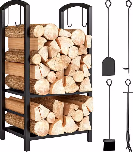 Scaffale per legna da ardere Outsunny in acciaio con set di attrezzi, colore nero