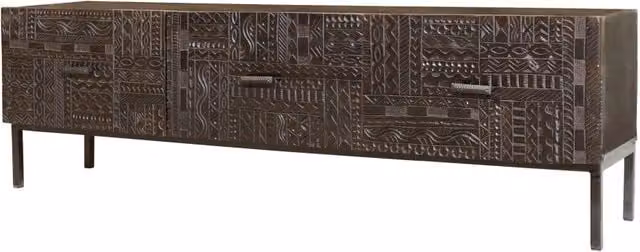 Credenza etnica a 3 ante in legno di mango intagliato e piedi in metallo nero, colore marrone – 1