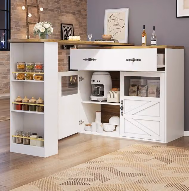 Tavolo bar girevole 138-204x39x104 cm bianco MDF, con cassetto e ripiani