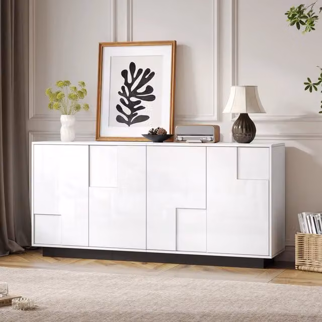 Credenza moderna Mivray con 4 ante geometriche lucide bianca e nera con apertura a pressione L: 160 cm, P: 37 cm, H: 75.5 cm