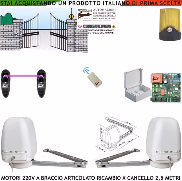 Cancello Elettrico 5 Metri 2 Ante da 0,5 a 2,5 Metri 2 Motori Braccio Articolato 220 V 250 NM Accessori Ricambio Automatismo Centrale Radiocomando Fotocellule