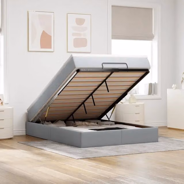 Letto con contenitore a sollevamento vidaXL in tessuto grigio e bianco con materasso L: 140 cm, P: 200 cm, H: 203 cm