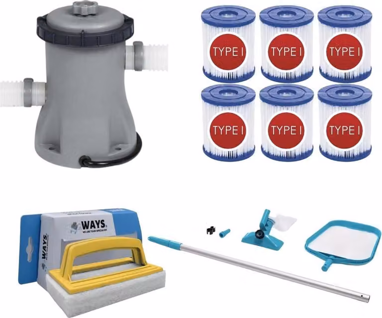 WAYS - Cura della piscina - Set di manutenzione & pompa filtro 1249 L/h & 6 filtri tipo I & spazzola WAYS