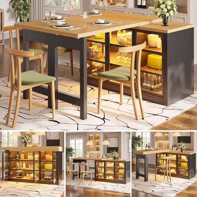 Tavolo da pranzo multifunzione con credenza laterale, isola cucina estraibile nera, design moderno, rotazione 360°, sistema luci smart