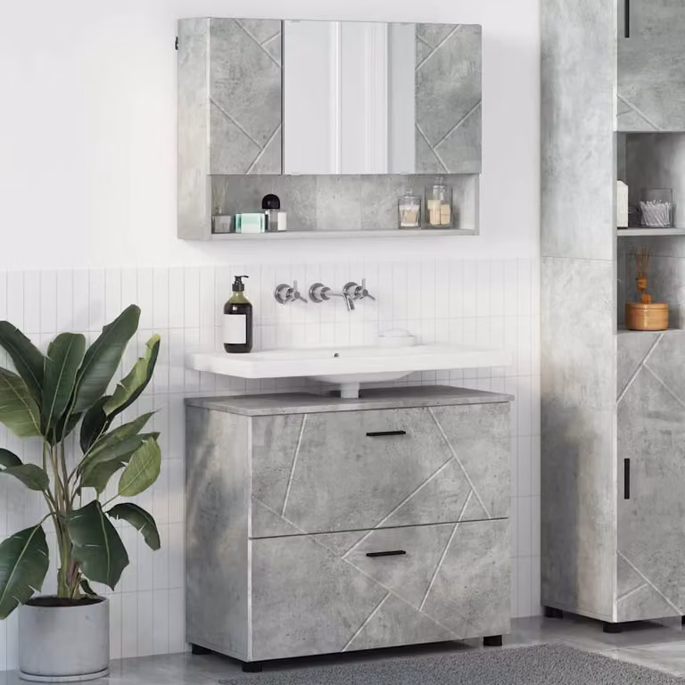 Set di mobili per il bagno vidaXL composto da mobile sottolavabo e armadietto con specchio, design moderno in legno e metallo, Grigio e Nero
