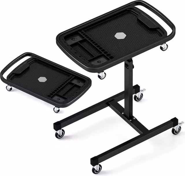 Tavolo portautensili regolabile in metallo nero con piano rimovibile e ruote, portata 60 kg, L: 76 cm, P: 48,5 cm, H: 80-123 cm