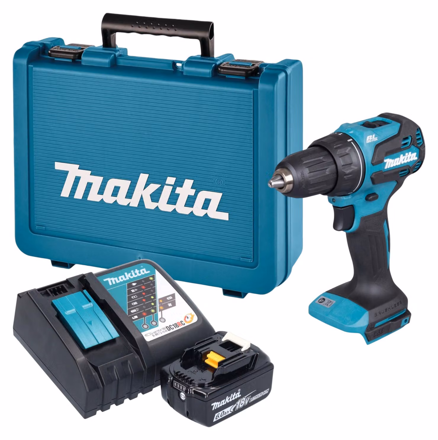 Trapano avvitatore a batteria Makita DDF 490 RG1E 18 V 65 Nm brushless + 1 batteria da 6,0 Ah + caricabatterie + valigetta