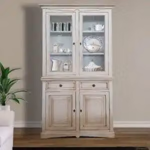 Credenza cristalliera Shabby Chic KIVIO in legno bianco con ante in vetro per sala da pranzo L: 117 cm, P: 46 cm, H: 220 cm