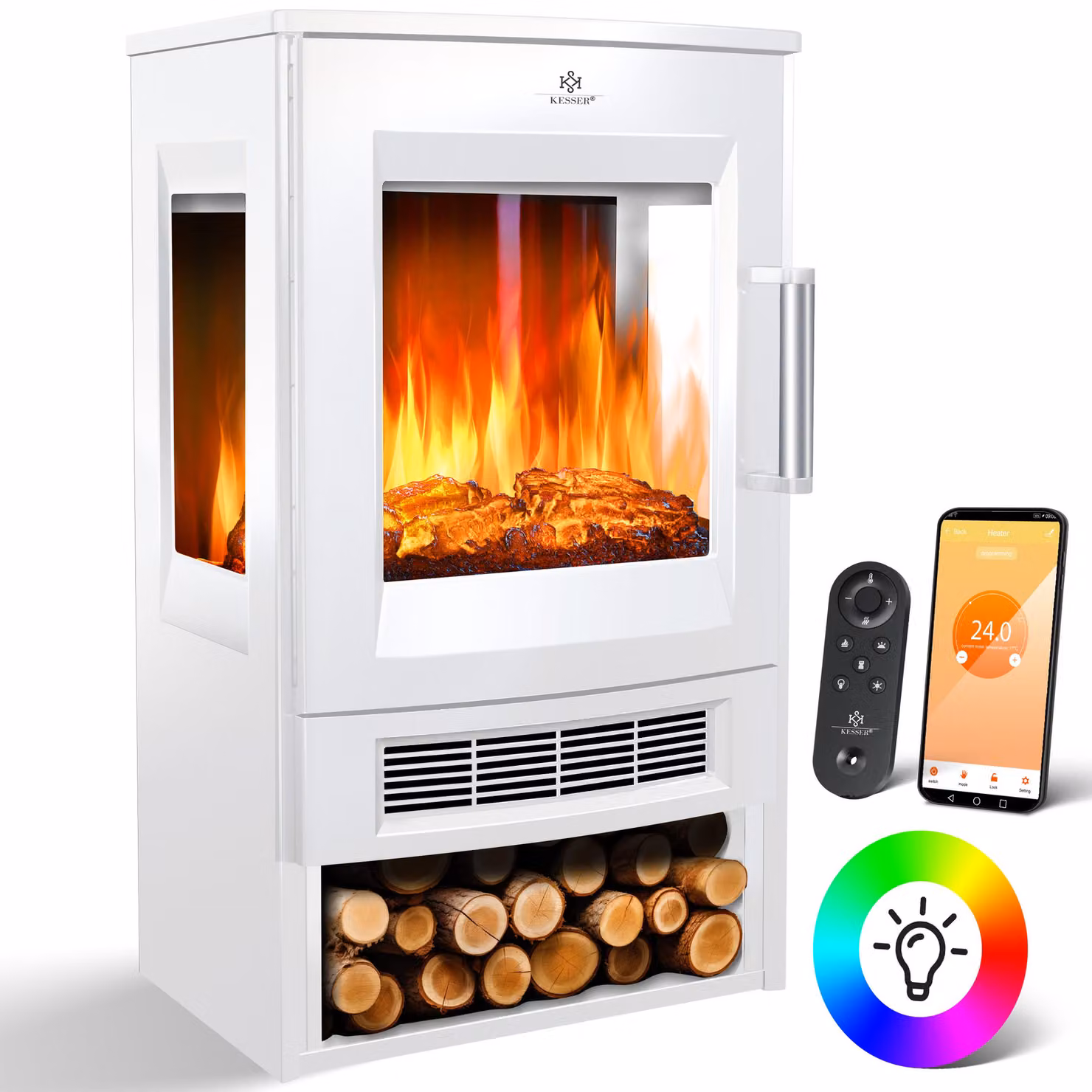 KESSER® Caminetto elettrico con ampia finestra panoramica, 900/1800W, 9 modalità di fiamma a LED, controllo tramite app WiFi e termostato