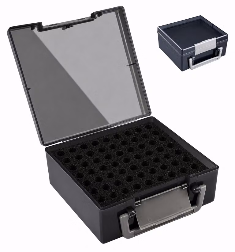 Relaxdays, contenitore per batterie, per 72 batterie AA e AAA, dimensioni: 8 x 17 x 16 cm, materiale: plastica, con maniglia per il trasporto, colore: grigio
