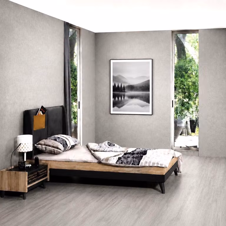 Letto singolo, letto per ragazzi, grigio, beige, design moderno, testiera, camera da letto