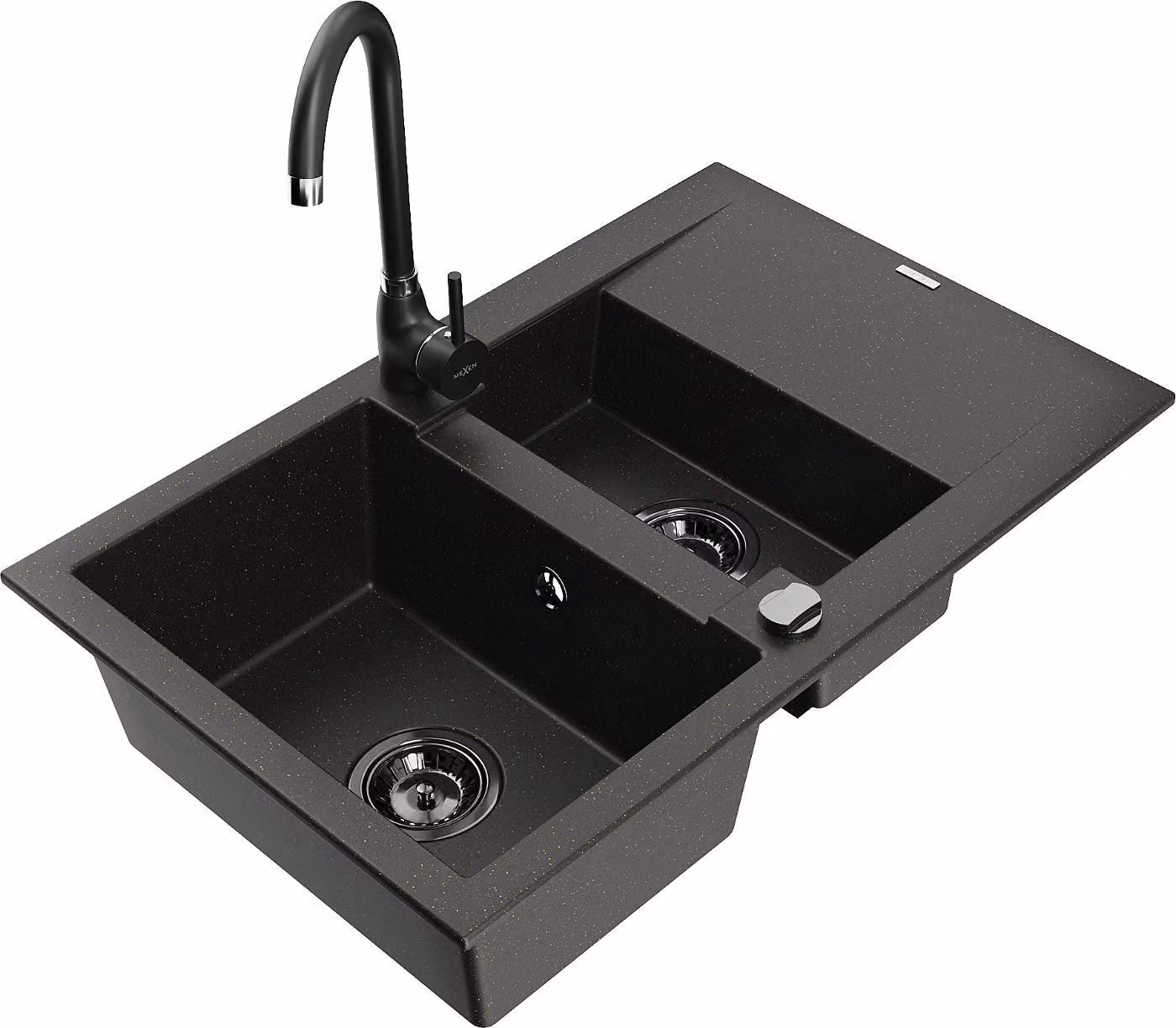 Mexen Gaspar lavello in granito 1,5 vasche con scolapiatti e miscelatore Telma, nero/oro - 6507-75-670200-70-B