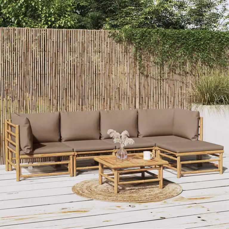 Set Salotto da Giardino vidaXL in Bambù con Cuscini Beige e Marrone, 6 Pezzi, Design Moderno a L con Tavolino e Ottoman