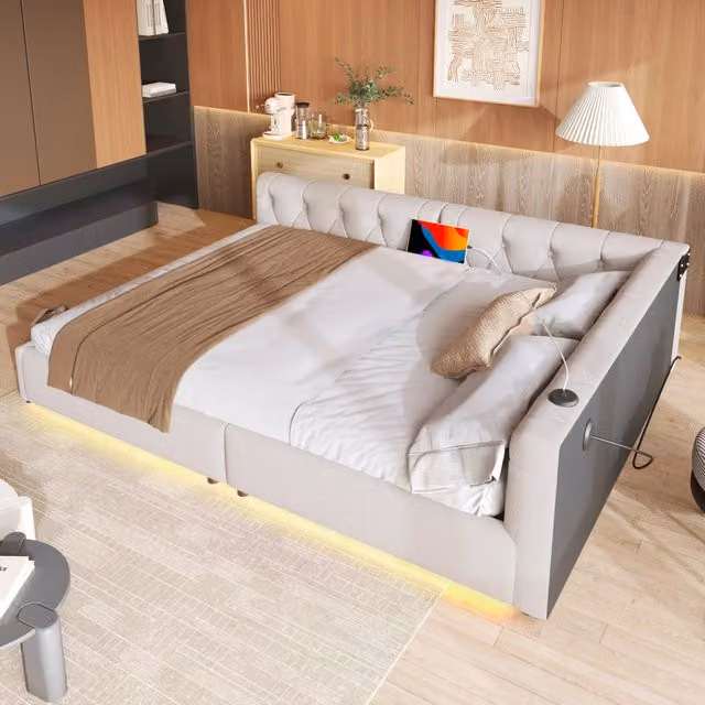 Letto divano 140 × 200 cm con USB, ricarica tipo C, LED regolabile e testiera imbottita, senza materasso, beige