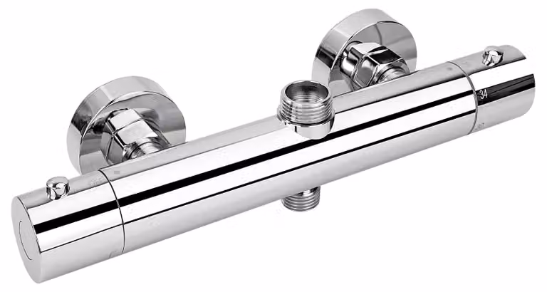 Termostato per miscelatore doccia, 2 uscite, attacchi da 3/4" e 1/2", forma circolare, finitura cromata