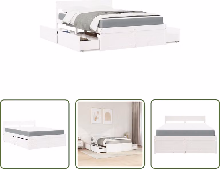 The Living Store Letto con cassetti e materasso Bianco 140x190 cm in legno massiccio