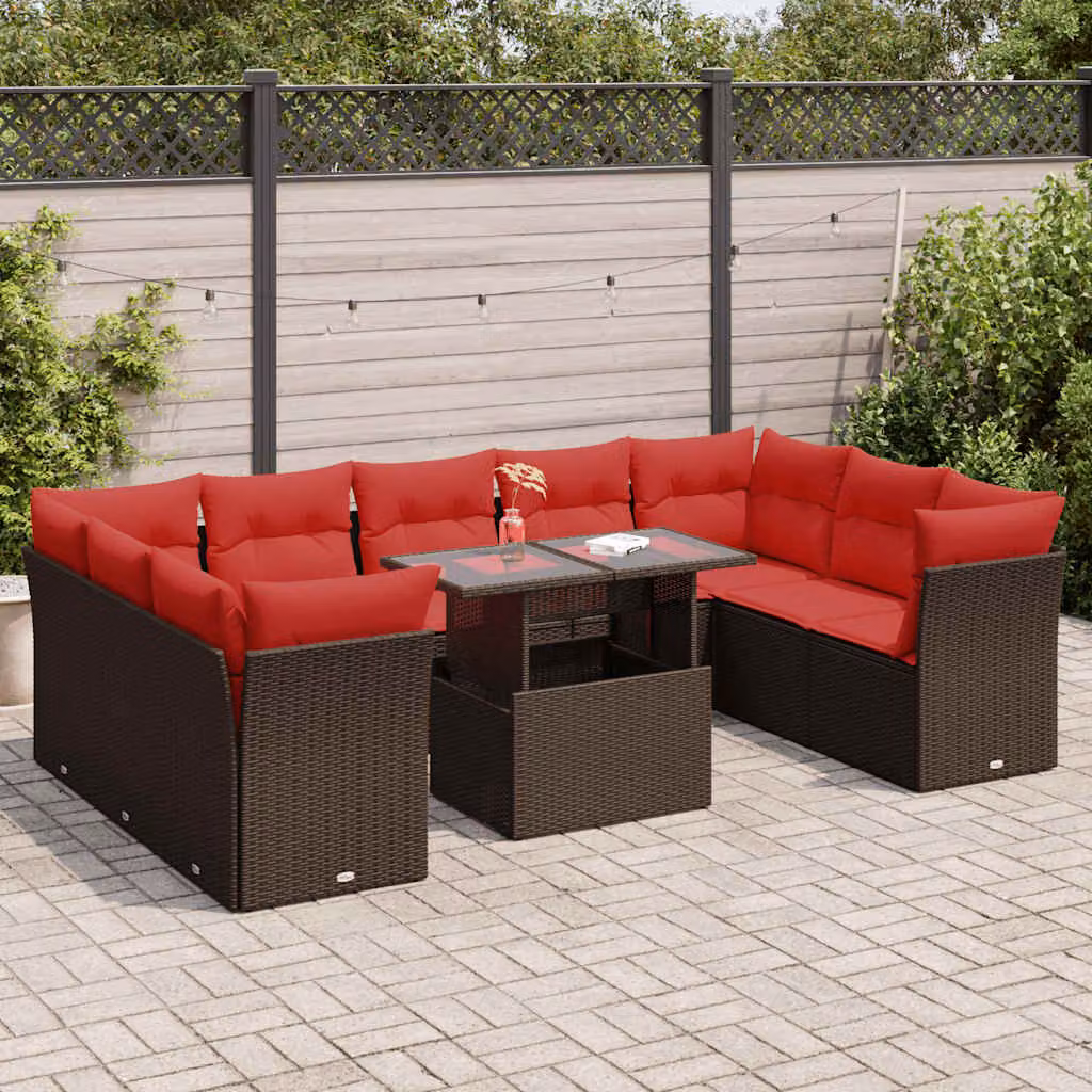 vidaXL Set Divani da Giardino 10 Pezzi in Polyrattan Marrone Acacia con Cuscini e Tavolino da Caffè