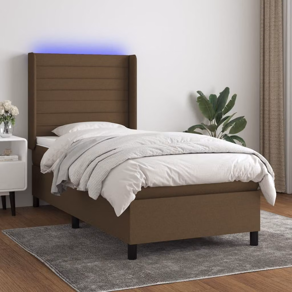 The Living Store Letto a molle con materasso e LED in tessuto marrone scuro 100x200 cm
