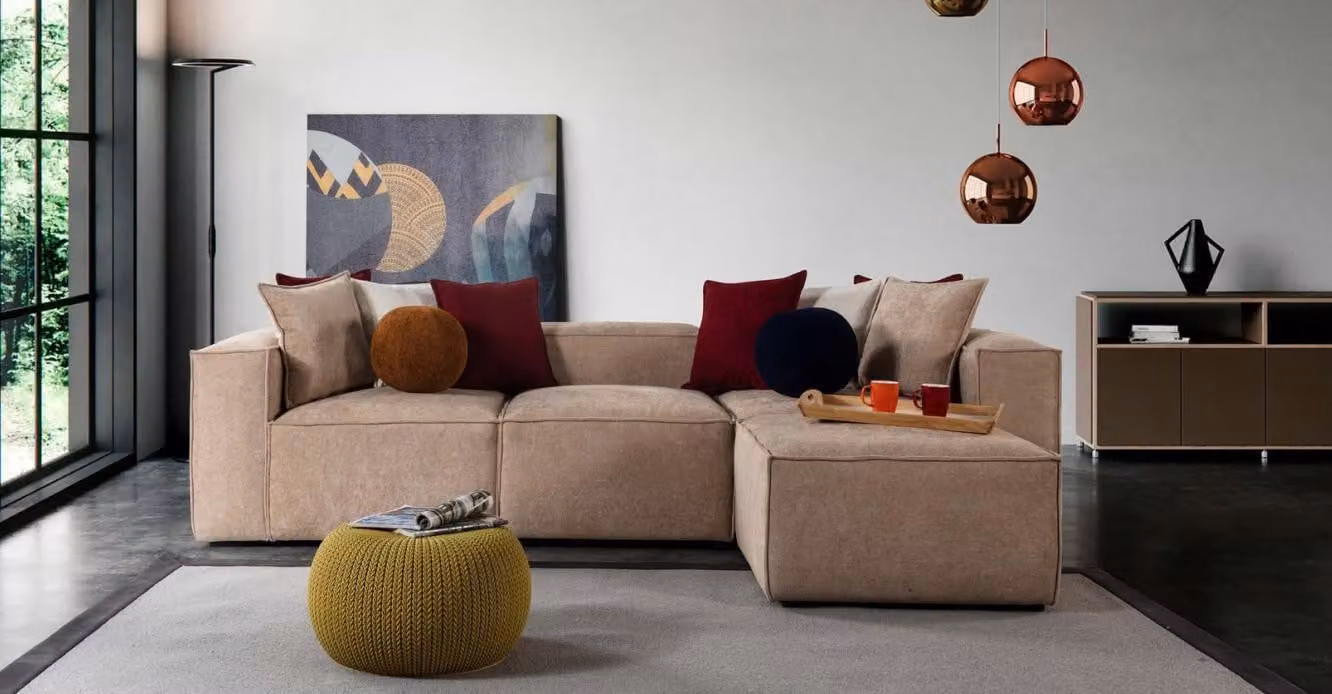 Beiges Wohnzimmer Luxus Ecksofa L-Form Sofa Polster Moderne Couchen