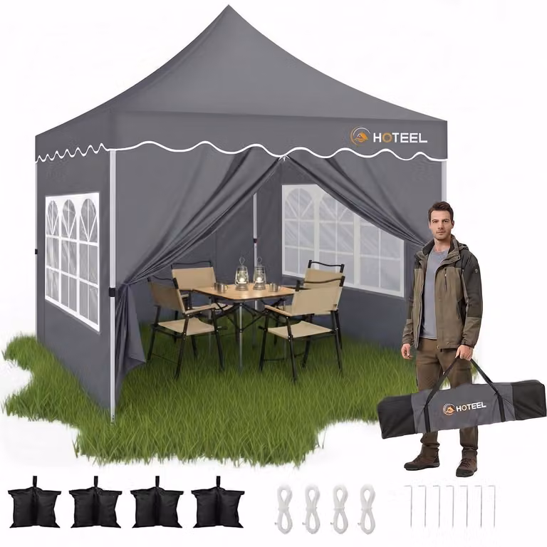 Gazebo da esterno 3x3 metri, grigio, impermeabile, con protezione UV 50+ e dotato di 4 pareti laterali