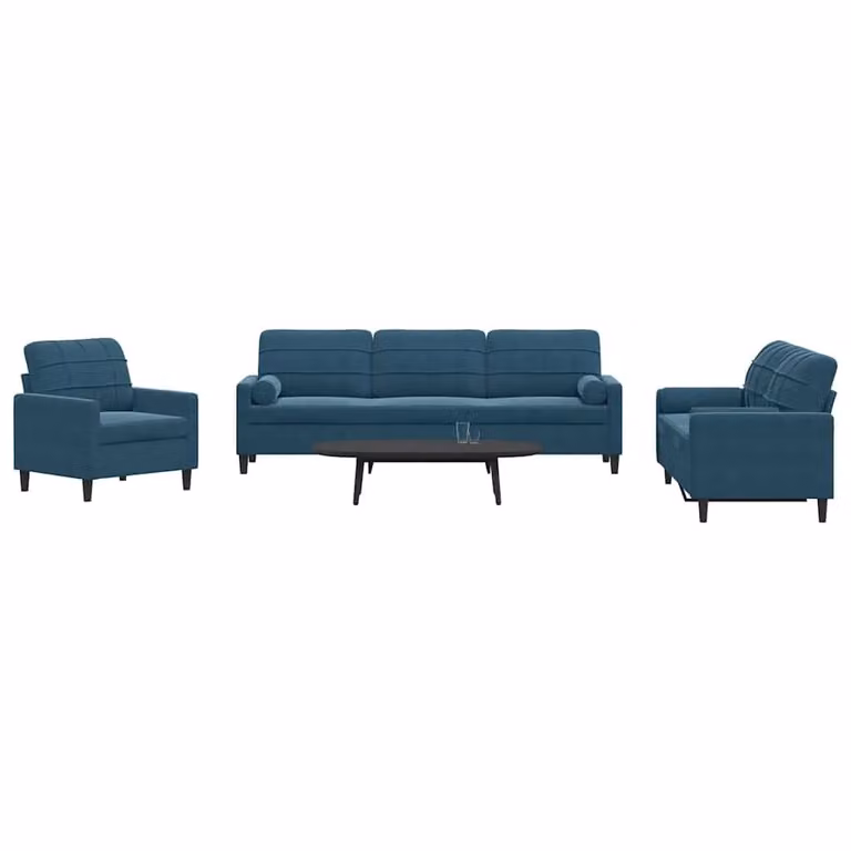 Set di divani 3 pezzi vidaXL in velluto blu con cuscini e struttura in metallo per soggiorno