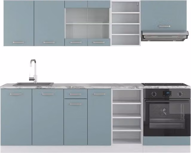 Cucina componibile moderna R-Line Vicco, larghezza 240 cm, finitura opaca nei colori grigio, blu e bianco