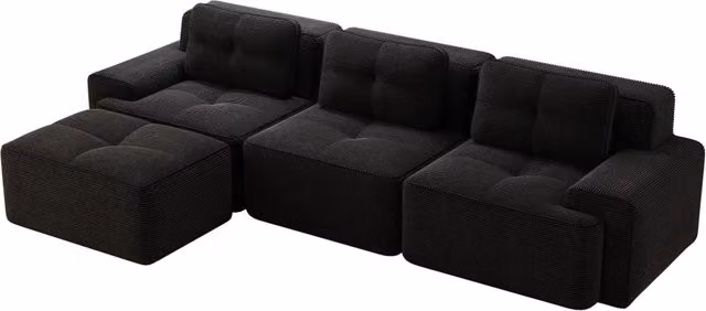 Divano modulare Cloud 3 posti in velluto a coste nero senza braccioli, con pouf, design salotto moderno