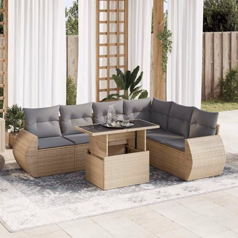 Set di divani da giardino vidaXL 7 pezzi in polyrattan con cuscini beige e tavolino da esterno a forma di L