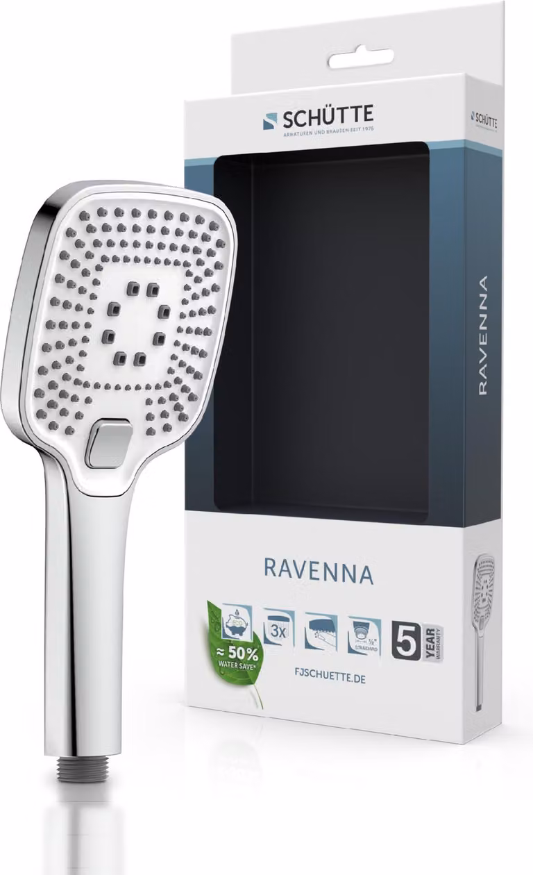 Doccia manuale SCHÜTTE RAVENNA, soffione per il benessere con 3 tipi di getto, soffione con punte in silicone anticalcare, soffione cromato/bianco