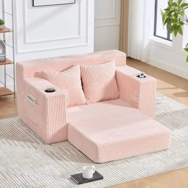 Divano due posti rosa 151 x 133 x 64 cm con cuscini e portabicchieri; velluto a coste