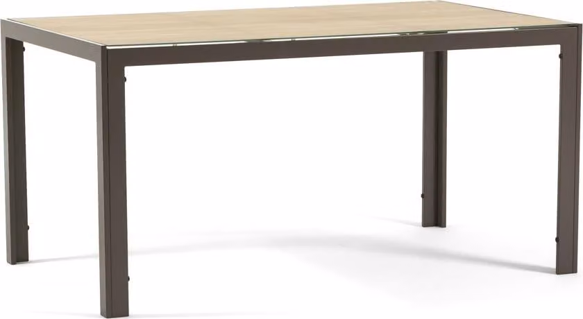Tavolo rettangolare 150×90 cm con struttura in alluminio verniciato a polvere e piano in vetro decorato, ideale per interni ed esterni - design moderno, resistente e personalizzabile per cucina, sala da pranzo, patio e veranda - MILO - tortora/legno