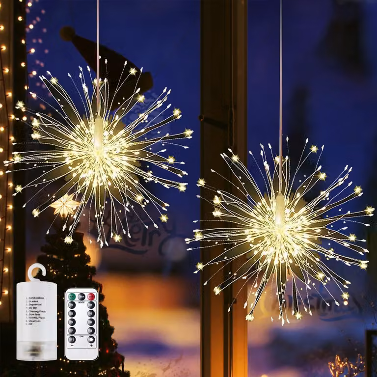 Catena luminosa a LED effetto fuochi d'artificio, 180 LED, impermeabile, 8 modalità, confezione da 2