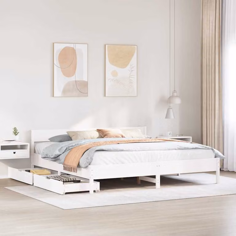 Letto senza materasso vidaXL in legno massello di pino bianco con doghe fisse L/P/H: 205.5 x 185.5 x 71.5 cm