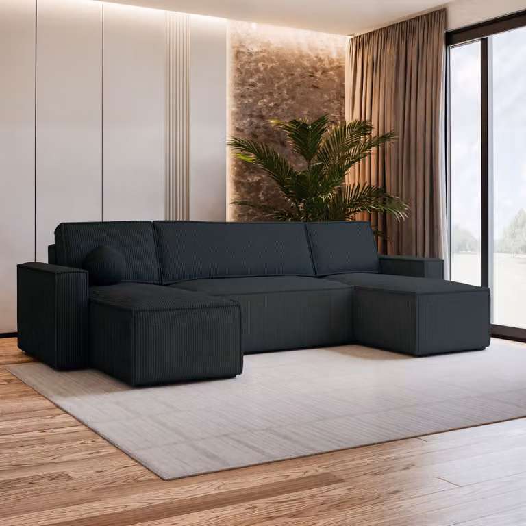 Divano angolare Masseno PESANO P con funzione letto a U, divano con box letto, divano da salotto, divano, divano, divano letto, set di divani - nero, POSO 135