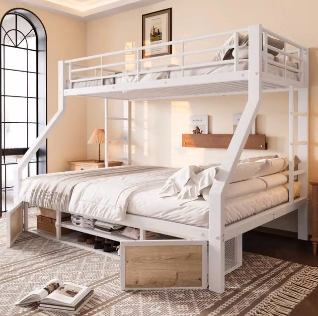 Letto a castello per bambini 90x200 cm e 140x200 cm con armadietto scarpe e scomparti, struttura in metallo e MDF, bianco, senza materasso