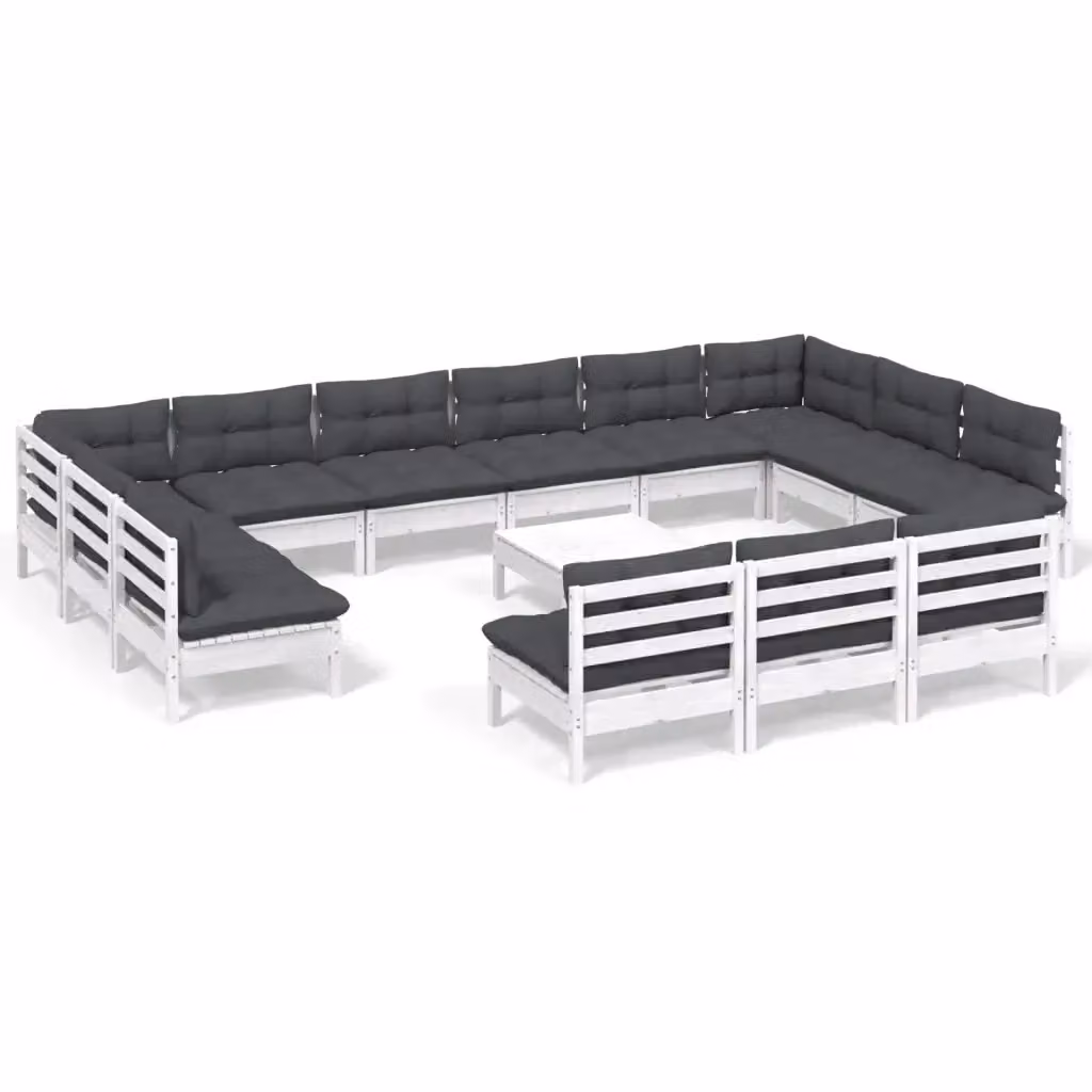 Set di Divani da Giardino a Forma di U vidaXL in Legno di Pino con Cuscini Bianchi e Antracite, 14 Pezzi – 2