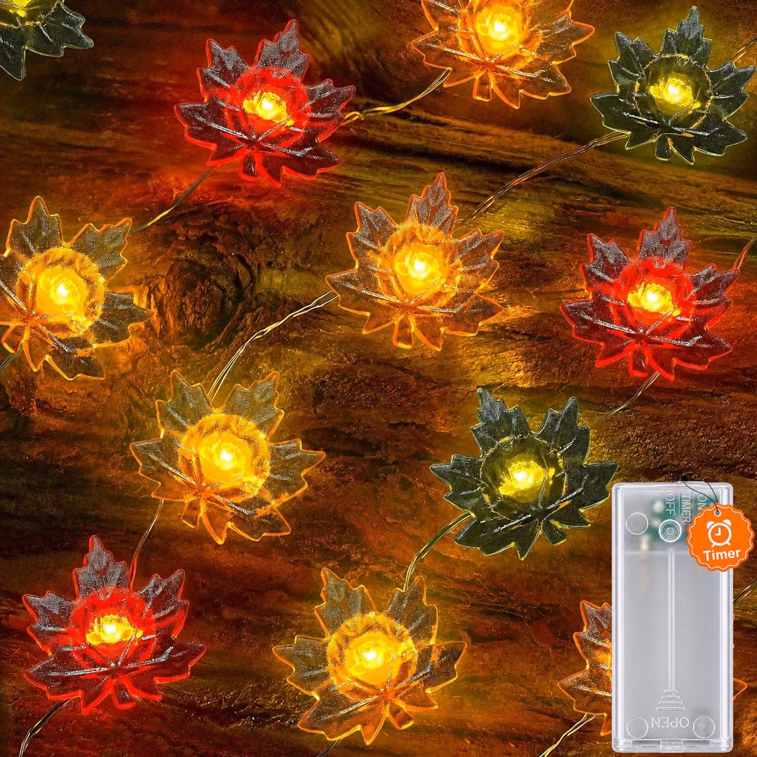 Catena luminosa con foglie d'acero, 2 metri, 20 LED, con timer
