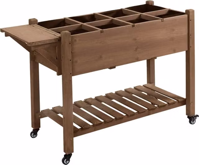 Fioriera da esterno Outsunny in legno di abete marrone con 8 vasi, ripiano laterale e mensola inferiore, L 123 cm x P 54 cm x H 87 cm