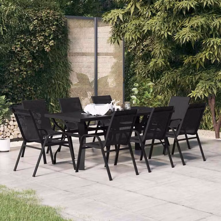 Set da pranzo da giardino vidaXL in acciaio nero e vetro, 9 pezzi
