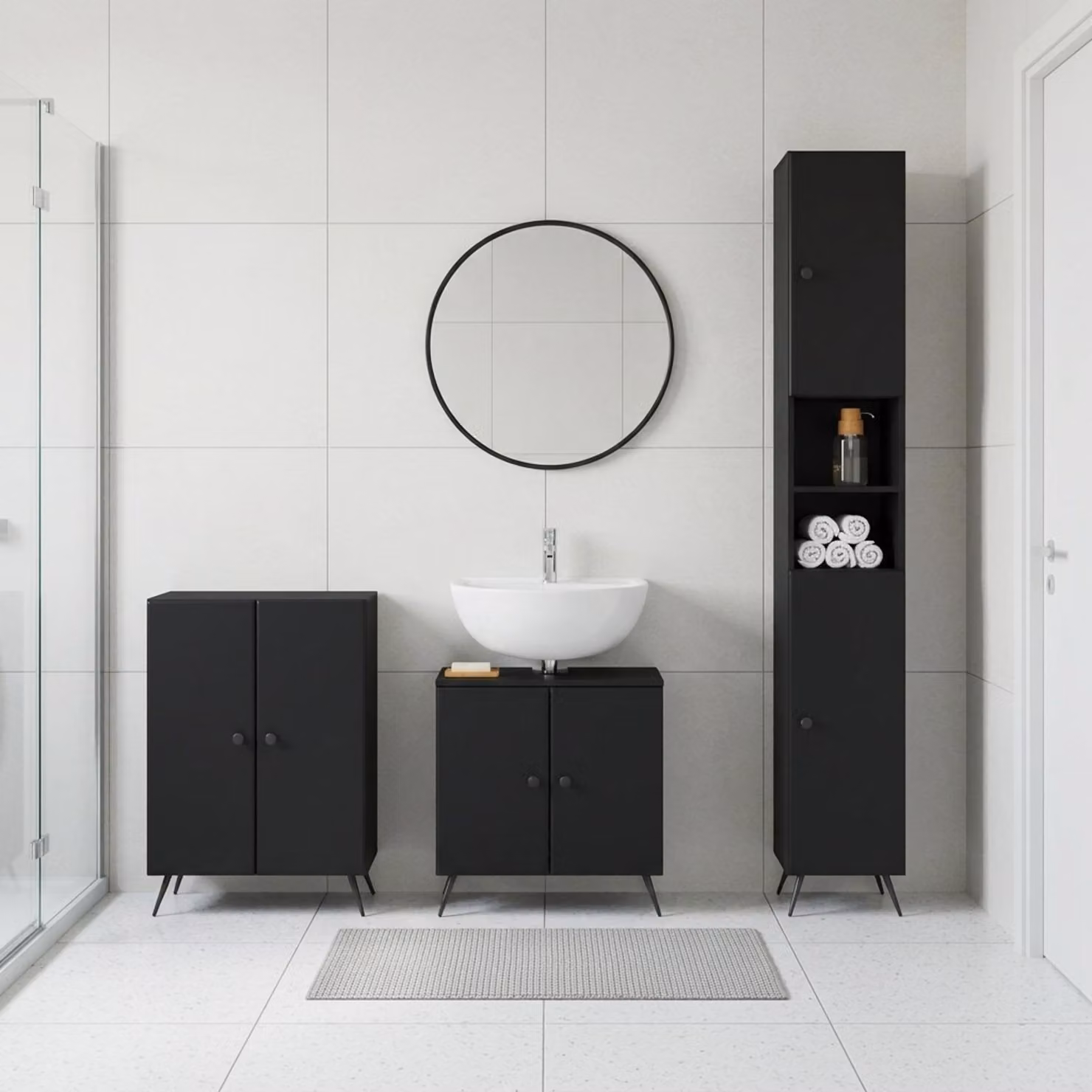 Set di armadietti da bagno moderni vidaXL BREDA in 3 pezzi, colore nero opaco