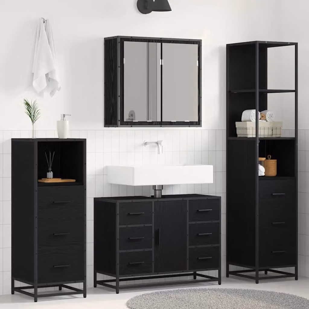 Set di mobili per il bagno moderno vidaXL 4 pezzi in rovere e nero con illuminazione LED e specchio – 1