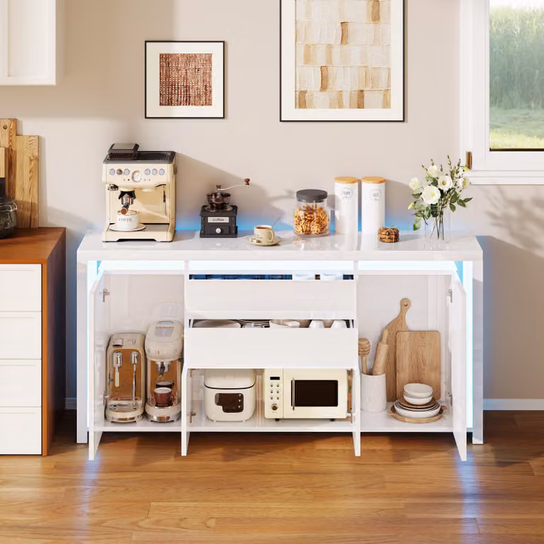 Credenza UnboxG bianca lucida con LED, 4 ante e 2 cassetti, mobile contenitore per soggiorno, spazio di archiviazione e decorazione
