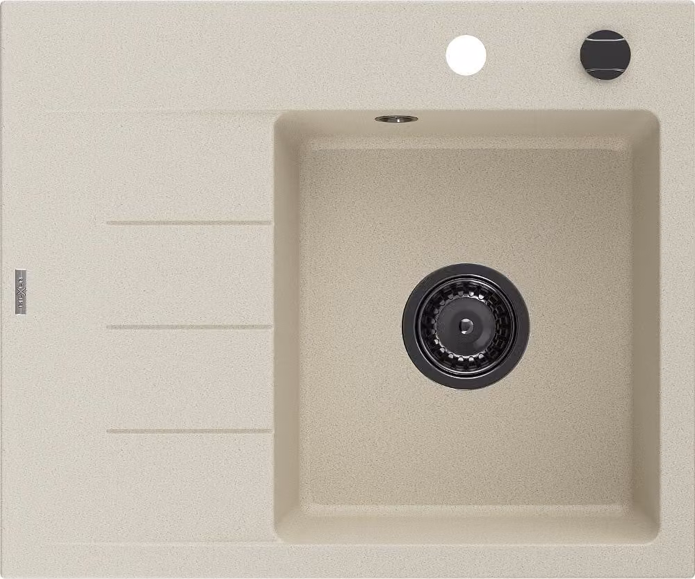 Mexen Ben lavello in granito 1 vasca con scolapiatti, a destra 600 x 500 mm, beige, sifone nero - 6523605000-69-B
