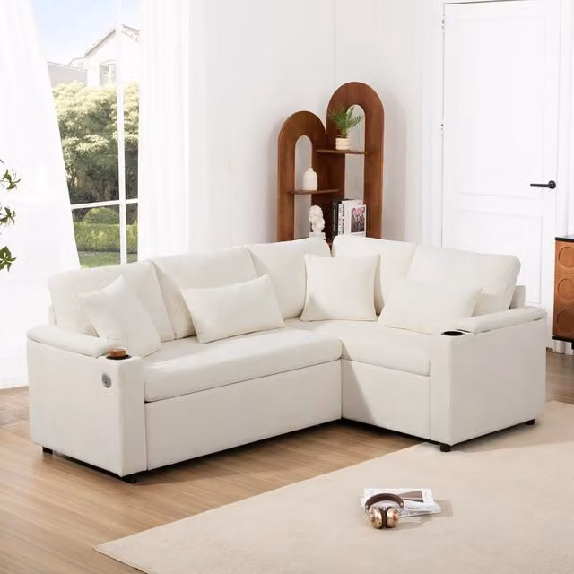 Divano letto angolare 206.5x141.0x86.0 cm estraibile con contenitore e chaise longue destra fissa in chenille beige