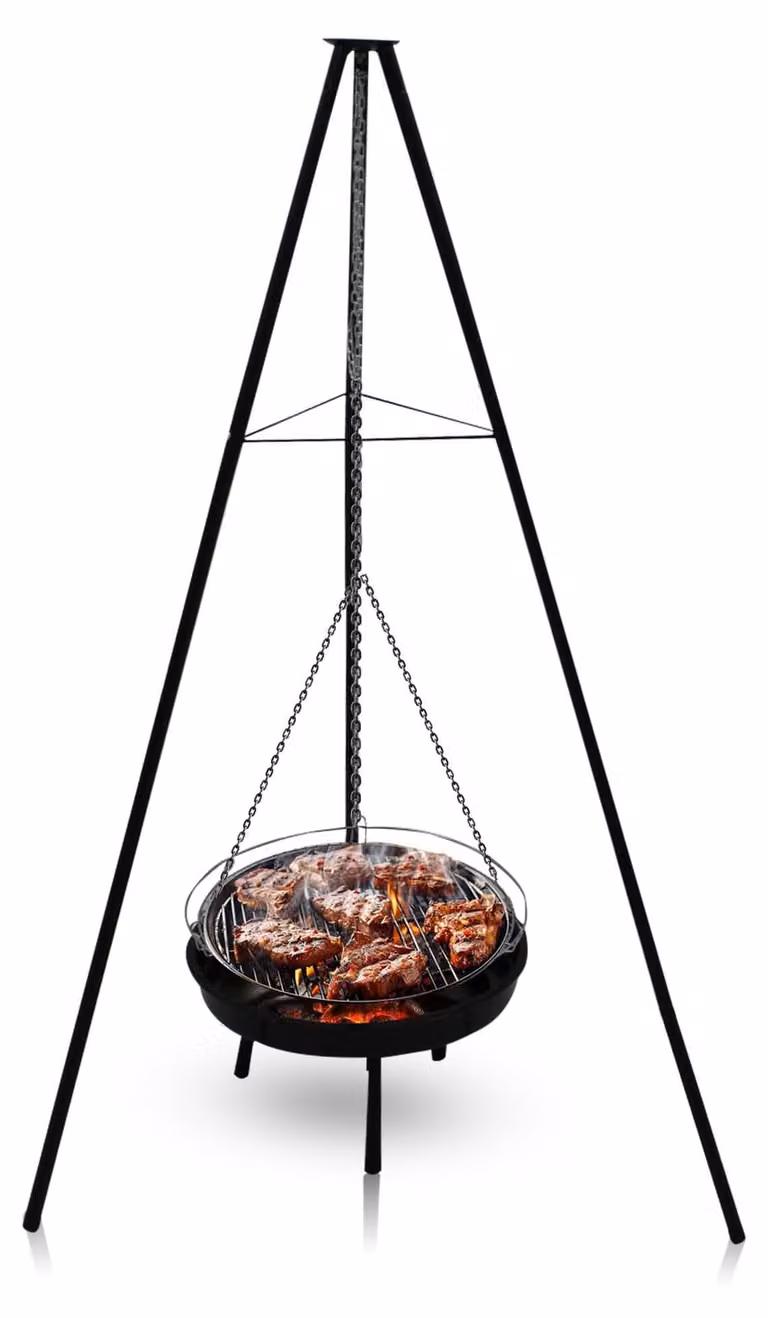 Omgoods - Griglia da esterno con treppiede (160 cm) - Barbecue regolabile - Braciere - Griglia - Legni aromatici - Design salvaspazio - Barbecue